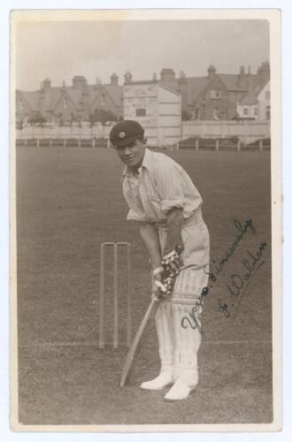 Frederick Ingram &lsquo;Fanny&rsquo; Walden. Northamptonshire 1910-1929. Mono real photograph postcard of Walden standing full length at the wicket in batting pose, wearing Northamptonshire cap. Signed in black ink to the photograph, Yours sincerely F. Walden. Blind 