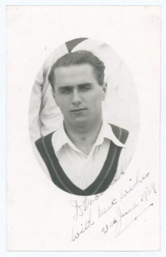 Dennis Brookes. Northamptonshire & England 1934-1959. Original mono real photograph postcard of Brookes, head and shoulders in cameo wearing cricket attire. Nicely signed in ink by Brookes to lower border and dated 21st June 1939. Official stamp for A. Wi