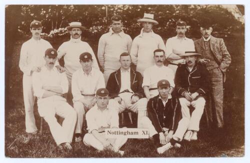 &lsquo;Nottingham XI&rsquo; c.1905. Early original sepia real photograph postcard of the Nottinghamshire team seated and standing in rows wearing cricket attire. Players featured include A.O. Jones (Captain), Oates, Iremonger, Hardstaff, Gunn etc. Foster of Brighton.