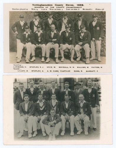 Nottinghamshire team postcards 1929 and 1932. Two mono real photograph postcards of Nottinghamshire teams. One for 1929 with printed title &lsquo;Winners of the County Championship&rsquo; and results and players&rsquo; names, by E.P. Short & Son, Nottingham. The other, for