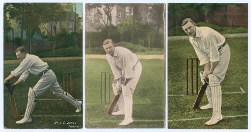 Arthur Owen Jones. Nottinghamshire, Cambridge University & England 1892-1914. Three early colour postcards of Jones depicted full length in different batting poses. Publishers are National Series no. 773, Lindley Series, the other unknown. Two postally us