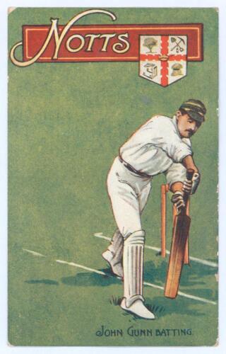 John Richmond Gunn. Nottinghamshire & England 1896-1925. Early colour postcard of &lsquo;John Gunn Batting&rsquo;, with a colour illustration of Gunn depicted in batting pose on a green background, with decorative &lsquo;Notts&rsquo; title and emblem above. Dainty series. Postma