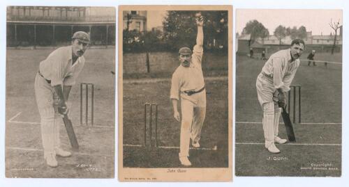John Richmond Gunn. Nottinghamshire & England 1896-1925. Two early mono/ sepia real photograph postcards of Gunn, one in batting pose, Lindley Series, the other in bowling pose, Wrench Series no. 1691. Sold with a mono Star Series postcard of Gunn in batt