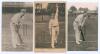 John Richmond Gunn. Nottinghamshire & England 1896-1925. Two early mono/ sepia real photograph postcards of Gunn, one in batting pose, Lindley Series, the other in bowling pose, Wrench Series no. 1691. Sold with a mono Star Series postcard of Gunn in batt