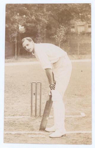 George Trevor Branston. Nottinghamshire & Oxford University 1903-1913. Early sepia real photograph postcard of Branston standing full length at the wicket in batting pose. Foster of Brighton. Postally unused. A nice image in very good condition.