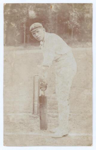 Walter Richard Daniel Payton. Nottinghamshire 1905-1931. Early sepia real photograph postcard of Payton standing full length at the wicket in batting pose. Foster of Brighton. Postally unused. Fading and some soiling, pin hole to top edges, otherwise in g