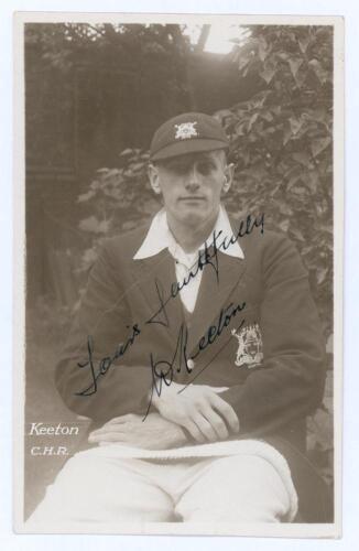 William Walter Keeton. Nottinghamshire & England 1926-1952. Early sepia real photograph postcard of Keeton seated half length, wearing Nottinghamshire cap and blazer. C.H. Richards of Nottingham. Very nicely signed in ink to the photograph by Keeton. Post