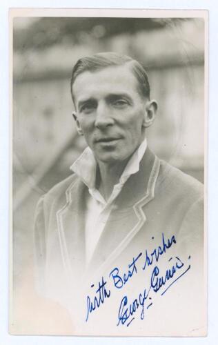George Vernon Gunn. Nottinghamshire 1928-1950. Early mono real photograph postcard of Gunn, head and shoulders wearing cricket attire and blazer. Signed in blue ink to the photograph by Gunn. Official stamp to verso for A. Wilkes & Son, West Bromwich. Inc
