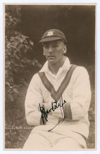 Joe Hardstaff junior. Nottinghamshire, Europeans, Auckland & England 1930-1955. Early sepia real photograph postcard of Hardstaff seated half length, wearing Nottinghamshire cap and cricket attire. C.H. Richards of Nottingham. Nicely signed in black ink t