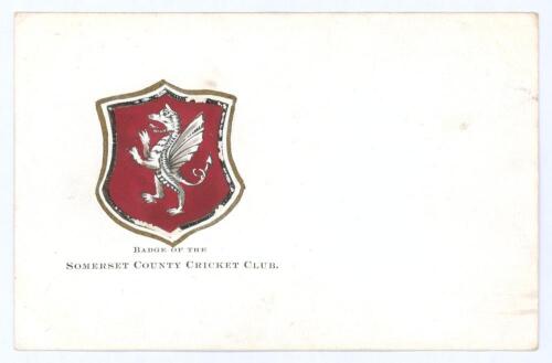Somerset C.C.C. &lsquo;Badge of the Somerset County Cricket Club&rsquo;. Colour postcard of the county shield emblem on white background. &lsquo;Pictorial Post Card&rsquo; and space to &lsquo;Affix Halfpenny Stamp&rsquo; to verso. Appears to be early, c.1910. Postally unused. Minor wear and