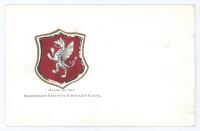 Somerset C.C.C. ‘Badge of the Somerset County Cricket Club’. Colour postcard of the county shield emblem on white background. ‘Pictorial Post Card’ and space to ‘Affix Halfpenny Stamp’ to verso. Appears to be early, c.1910. Postally unused. Minor wear and