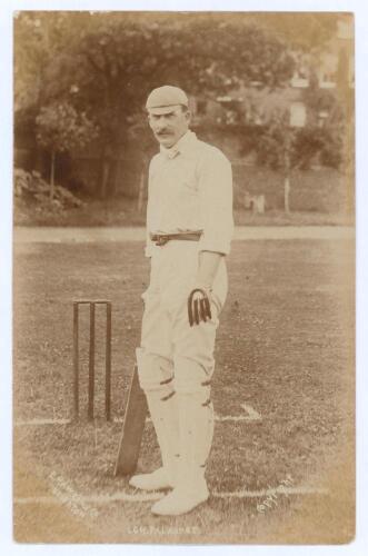 Lionel Charles Hamilton Palairet. Oxford University, Somerset & England 1890-1909. Early sepia real photograph postcard of Palairet standing full length at the crease wearing batting attire and cap, leaning on his bat. E. Hawkins & Co., Brighton. Postally