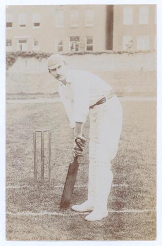 Lionel Charles Hamilton Palairet. Oxford University, Somerset & England 1890-1909. Early sepia real photograph postcard of Palairet standing full length at the crease in batting pose. Foster of Brighton. Postally unused. Some fading, otherwise in good/ ve