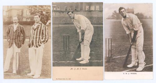 Samuel Moses James &lsquo;Sammy&rsquo; Woods. Cambridge University, Somerset, England & Australia 1888-1910. Early sepia real photograph postcard of Woods standing full length at the wicket beside Lionel Palairet, both wearing cricket attire and striped blazers. Fost