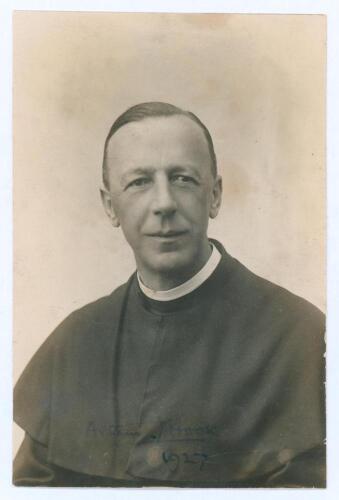 Arthur James Hook. Somerset 1897-1906. Early mono real photograph postcard of Hook, head and shoulders, wearing religious attire. Signed and dated in ink to the darker part of the image &lsquo;Arthur J. Hook 1927&rsquo;. Postally unused. Adhesive damage to verso, min