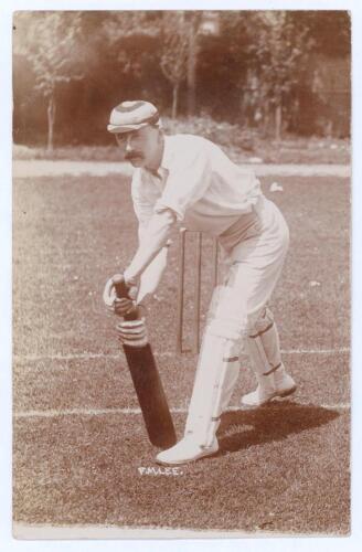 Frederick Marshall &lsquo;Fred&rsquo; Lee. Kent & Somerset 1895-1907. Early sepia real photograph postcard of Lee, full length in batting pose, wearing a hooped cap. Foster of Brighton. Postally unused. Slight fading to one edge, otherwise a nice image in very good c