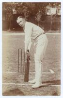 Edward Stephen Massey Poyntz. Somerset 1905-1919. Early sepia real photograph postcard of Poyntz standing full length at the wicket in batting pose with his trademark slicked back hair and centre parting. Foster of Brighton. Postally unused. Slight fading