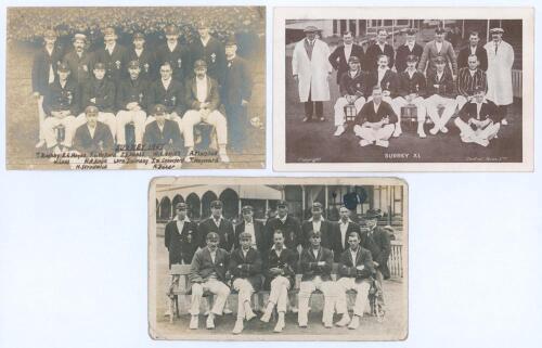 Surrey C.C.C. team postcards 1907-c.1912. Three early mono postcards for Surrey teams depicted seated and standing in rows wearing cricket attire. Includes one sepia real photograph postcard of the 1907 team with players&rsquo; names neatly annotated in black i