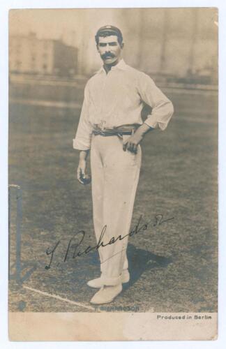 Thomas &lsquo;Tom&rsquo; Richardson. Surrey, Somerset & England 1892-1905. Early sepia real photograph postcard of Richardson standing full length at the wicket, wearing cricket attire, Surrey cap and holding a ball. Nicely signed in black ink to the image by Richard