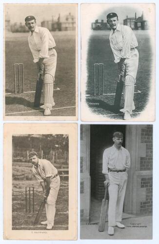 Thomas Walter &lsquo;Tom&rsquo; Hayward. Surrey & England 1893-1914. Four early mono/ sepia postcards of Hayward in various poses. One real photograph postcard depicts Hayward in batting pose at the crease, publisher unknown, another appears to be a reproduction of t