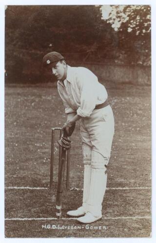 Henry Dudley Gresham &lsquo;Shrimp&rsquo; Leveson-Gower. Oxford University, Surrey & England 1893-1931. Early sepia real photograph postcard of Leveson-Gower standing full length in batting attire and Surrey cap, taking guard at the wicket. Foster & Co., Brighton. Po