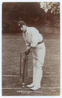 Henry Dudley Gresham ‘Shrimp’ Leveson-Gower. Oxford University, Surrey & England 1893-1931. Early sepia real photograph postcard of Leveson-Gower standing full length in batting attire and Surrey cap, taking guard at the wicket. Foster & Co., Brighton. Po