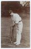Henry Dudley Gresham &lsquo;Shrimp&rsquo; Leveson-Gower. Oxford University, Surrey & England 1893-1931. Early sepia real photograph postcard of Leveson-Gower standing full length in batting attire and Surrey cap, taking guard at the wicket. Foster & Co., Brighton. Po