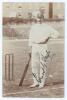 Ernest George &lsquo;Ernie&rsquo; Hayes. Surrey, Leicestershire & England 1896-1926. Sepia real photograph postcard of Hayes standing full length at the wicket wearing cricket attire and Surrey cap, leaning on his bat. Very nicely signed in black ink to image by Haye