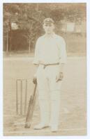 John Neville ‘Jack’ Crawford. Surrey, South Australia & England 1904-1921. Early sepia real photograph postcard of Crawford standing full length at the wicket wearing cricket attire and Surrey cap, leaning on his bat. Foster of Brighton. Postally unused. 