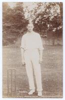 Neville Alexander Knox. Surrey & England 1904-1910. Early sepia real photograph postcard of Knox standing full length at the wicket wearing cricket attire, ball in hand. Foster of Brighton. Pencil annotation to verso dated 1908. Very good condition.