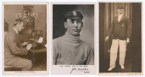 John Berry &lsquo;Jack&rsquo; Hobbs. Surrey & England 1905-1934. Three mono/ sepia postcards of Hobbs including two real photographs. One a sepia real photograph postcard of Hobbs at his typewriter, titled &lsquo;Hobbs with his Corona&rsquo;, stamp to verso for Fred. C. Colcloug