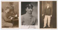 John Berry ‘Jack’ Hobbs. Surrey & England 1905-1934. Three mono/ sepia postcards of Hobbs including two real photographs. One a sepia real photograph postcard of Hobbs at his typewriter, titled ‘Hobbs with his Corona’, stamp to verso for Fred. C. Colcloug