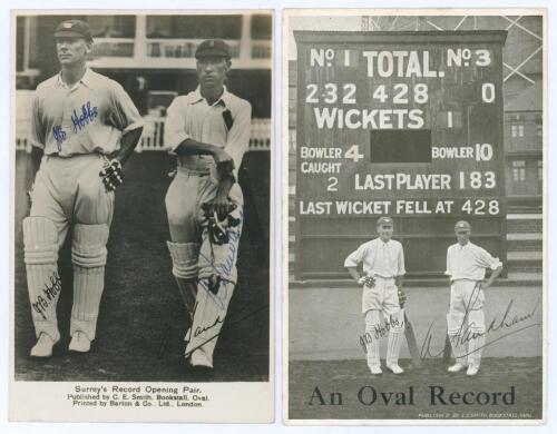 Jack Hobbs and Andrew Sandham. Surrey. Two mono postcards of Hobbs and Sandham. One, a real photograph, depicts Hobbs and Sandham walking out to bat, printed title to lower margin, &lsquo;Surrey&rsquo;s Record Opening Pair&rsquo;, with printed signatures and additionally s