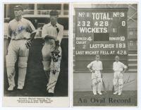 Jack Hobbs and Andrew Sandham. Surrey. Two mono postcards of Hobbs and Sandham. One, a real photograph, depicts Hobbs and Sandham walking out to bat, printed title to lower margin, ‘Surrey’s Record Opening Pair’, with printed signatures and additionally s