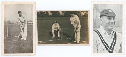 John Berry &lsquo;Jack&rsquo; Hobbs. Surrey & England 1905-1934. Sepia real photograph postcard of Hobbs in batting pose at the wicket, wearing Surrey cap, with keeper behind. Titled &lsquo;Jack Hobbs. At the wicket&rsquo;. Stamped to verso &lsquo;Dudman&rsquo; with annotated address, &lsquo;11 O