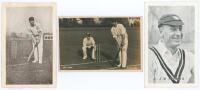 John Berry ‘Jack’ Hobbs. Surrey & England 1905-1934. Sepia real photograph postcard of Hobbs in batting pose at the wicket, wearing Surrey cap, with keeper behind. Titled ‘Jack Hobbs. At the wicket’. Stamped to verso ‘Dudman’ with annotated address, ‘11 O