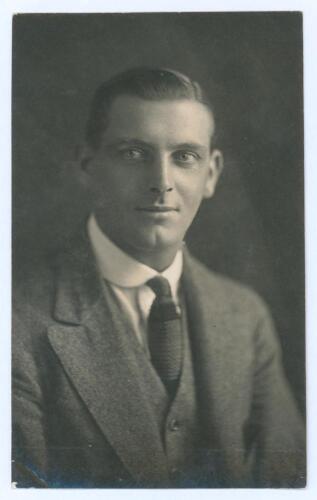 John William &lsquo;Bill&rsquo; Hitch. Surrey & England 1907-1925. Early mono real photograph studio portrait postcard of Hitch, head and shoulders wearing formal attire. From a photograph by the Sydney studios of May Moore. Postally unused. Minor corner wear, otherw