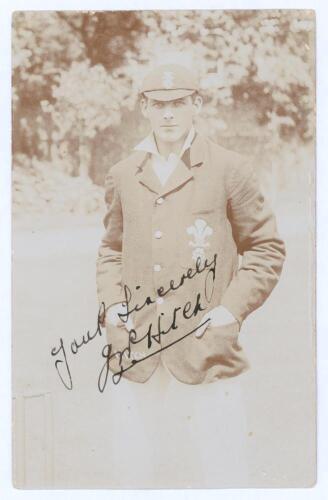 John William &lsquo;Bill&rsquo; Hitch. Surrey & England 1907-1925. Early sepia real photograph postcard of Hitch, three quarter length at the wicket, wearing Surrey cap and blazer. Nicely signed in black ink &lsquo;Yours sincerely, J.W. Hitch&rsquo;. Foster of Brighton. Postally