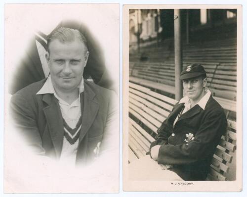 Robert James &lsquo;Bob&rsquo; Gregory. Surrey 1925-1947. Two mono real photograph postcards of Gregory, one head and shoulders in cameo wearing Surrey blazer. Official stamp for A. Wilkes & Son, West Bromwich to verso. Date annotated in ink to verso, &lsquo;April 18th 194