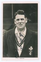 Edward William John ‘Ted’ Brooks. Surrey 1925-1939. Original mono real photograph postcard of Brooks, later in his playing career, half length, wearing Surrey blazer. Signed in black ink to the image by Brooks. F.C. Dick, Oval Bookstall. Postally unused. 