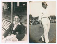 Harry Stanley ‘Stan’ Squires. Surrey 1928-1949. Original mono real photograph postcard of Squires seated half length in front of the pavilion at The Oval, wearing Surrey blazer. Nicely signed in blue ink to the photograph by Squires. F.C. Dick, Oval Books