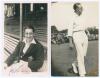 Harry Stanley &lsquo;Stan&rsquo; Squires. Surrey 1928-1949. Original mono real photograph postcard of Squires seated half length in front of the pavilion at The Oval, wearing Surrey blazer. Nicely signed in blue ink to the photograph by Squires. F.C. Dick, Oval Books