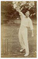 Neville Alexander Knox. Surrey & England 1904-1919. Early mono real photograph postcard of Knox standing full length at the wicket in bowling pose. Foster of Brighton. Postally unused. A nice image in very good condition