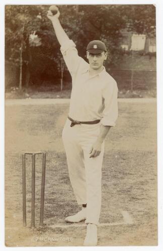 John Neville &lsquo;Jack&rsquo; Crawford. Surrey & England 1904-1921. Early sepia real photograph postcard of Crawford standing full length at the crease in bowling pose wearing Surrey cap. Appears to be by Foster of Brighton. Postally unused. Slight fading to the im