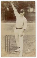 John Neville ‘Jack’ Crawford. Surrey & England 1904-1921. Early sepia real photograph postcard of Crawford standing full length at the crease in bowling pose wearing Surrey cap. Appears to be by Foster of Brighton. Postally unused. Slight fading to the im