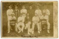 Sussex 1902. Sepia real photograph of the Sussex team, standing and seated in rows with Ranjitsinhji, captain to centre. Signed to the lower border by Ranjitsinhji and to the side border by C.B. Fry. Soiling, wear and some damage to the image of the postc