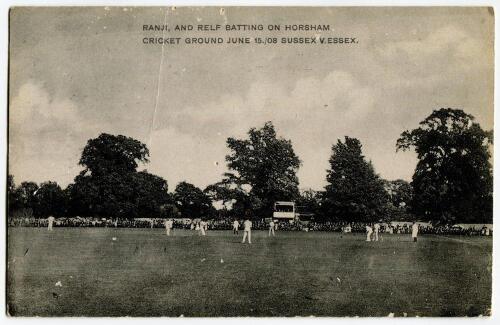 Sussex v Essex 1908. Mono printed postcard of the match in action with Ranji and Relf batting at Horsham. Title to top border reads &lsquo;Ranji and Relf batting at Horsham Cricket Ground. June 15./08. Sussex v Essex&rsquo;. Postally used. Light vertical crease, some