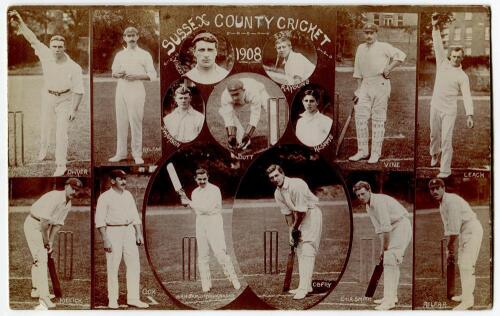 &lsquo;Sussex County Cricket 1908&rsquo;. Sepia real photograph postcard comprising cameo photographs of fifteen Sussex players, with C.B. Fry (Captain) and Ranjitsinhji to centre. Foster & Co of Brighton. Postally unused. Good/very good condition. Rare