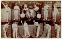 ‘Sussex County Cricket 1908’. Sepia real photograph postcard comprising cameo photographs of fifteen Sussex players, with C.B. Fry (Captain) and Ranjitsinhji to centre. Foster & Co of Brighton. Postally unused. Good/very good condition. Rare