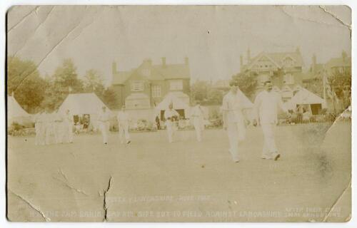Sussex v Lancashire, Hove 1912. Sepia real photograph postcard of Captain Ranjitsinhji leading out the players to field at the match played at Hove in July 1912. The title to lower border reads &lsquo;Sussex v Lancashire, Hove 1912. H.H. the Jam Sahib leads his